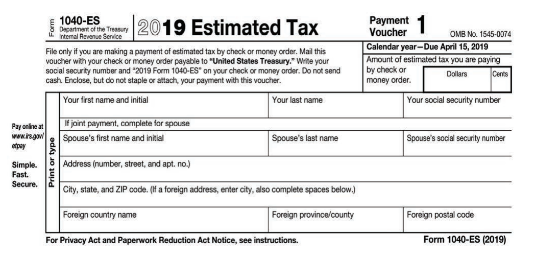 Sherina Smith (Social Security number 785-23-9873) lives at 536 West Lapham Street, Milwaukee, WI 53204, and is self-employed for 2019. She estimates her required annual estimated tax payment for 2019 to be $8,468. She had a $417 overpayment of last year’s taxes, which she will apply against her first quarter estimated payment. Complete the first quarter voucher below for Sherina for 2019.