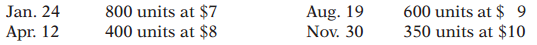 Smythe Company Inc. had a beginning inventory of 200 units of Product ERV at a cost of $6 per unit. During the year, purchases were:
Smythe Company uses a periodic inventory system. Sales totaled 1,900 units.
Instructions:
(a) Determine the cost of goods available for sale.
(b) Determine the ending inventory and the cost of goods sold under each of the assumed cost flow methods (FIFO, LIFO, and average-cost). Prove the accuracy of the cost of goods sold under the FIFO and LIFO methods. (Round average unit cost to three decimal places.)
(c) Which cost flow method results in the lowest inventory amount for the balance sheet? The lowest cost of goods sold for the income statement?