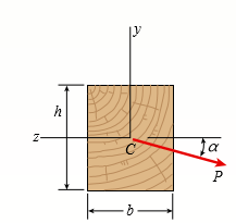 Solve the preceding problem for a cantilever beam with data as b = 4 in., h = 9 in., L = 10 ft, P = 325 lb, and α = 45°.
Data from Problem 6:
A wood cantilever beam with a rectangular cross section and length L supports an inclined load P at its free end (see figure).
Determine the orientation of the neutral axis and calculate the maximum tensile stress s max due to the load P. Data for the beam are b = 80 mm, h = 140 mm, L = 2.0 m, P = 575 N, and α = 30°.