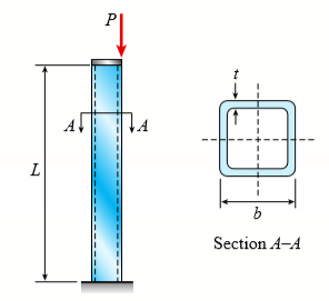 Solve the preceding problem for an aluminum column with b = 6.0 in., t = 0.5 in., P = 30 kips, and E = 10.6 × 103 ksi. The deflection at the top is limited to 2.0 in.
Data from Problem 12:
An aluminum box column with a square cross section is fixed at the base and free at the top (see figure). The outside dimension b of each side is 100 mm and the thickness t of the wall is 8 mm. The resultant of the compressive loads acting on the top of the column is a force P = 50 kN acting at the outer edge of the column at the midpoint of one side.
What is the longest permissible length Lmax of the column if the deflection at the top is not to exceed 30 mm? (Assume E = 73 GPa.)