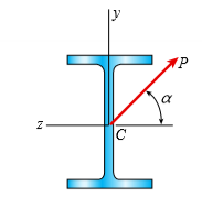 Solve the preceding problem using a W 310 × 129 section, L = 1.8 m, P = 9.5 kN, and α = 60°.
Data from Problem 11:
A cantilever beam with a wide-flange cross section and length L supports an inclined load P at its free end (see figure).
Determine the orientation of the neutral axis and calculate the maximum tensile stress σmax due to the load P.
Data for the beam are W 10 × 45 section, L = 8.0 ft, P = 1.5 kips, and α = 55°.