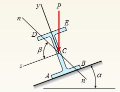 Solve the preceding problem using the following data: W 8 × 21 section, L = 84 in., P = 4.5 kips, and α = 22.5°.
Data from Problem 4:
A simply supported wide-flange beam of span length L carries a vertical concentrated load P acting through the centroid C at the midpoint of the span (see figure). The beam is attached to supports inclined at an angle a to the horizontal.
Determine the orientation of the neutral axis and calculate the maximum stresses at the outside corners of the cross section (points A, B, D, and E) due to the load P. Data for the beam are W 250 × 44.8 section, L = 3.5 m, P = 18 kN, and α = 26.57°.