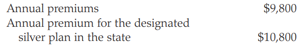 Susan and Stan Collins live in Iowa, are married and have two children ages 6 and 10. In 2019, Susan’s income is $41,214 and Stan’s is $12,000 and both are self-employed. They also have $500 in interest income from tax-exempt bonds. The Collins enrolled in health insurance for all of 2019 through their state exchange but did not elect to have the credit paid in advance. The 2019 Form 1095-A that the Collins received from the exchange lists the following information:
Compute the Collins’ premium tax credit for 2019.