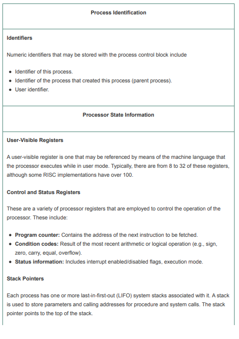 Table 3.5 lists typical elements found in a process control block for an unthreaded OS. Of these, which should belong to a thread control block, and which should belong to a process control block for a multithreaded system?
Table 3.5: