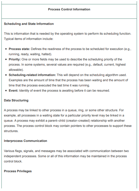 Table 3.5 lists typical elements found in a process control block for an unthreaded OS. Of these, which should belong to a thread control block, and which should belong to a process control block for a multithreaded system?
Table 3.5: