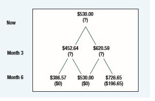 Take another look at our two-step binomial trees for Google, for example, in Figure 21.2. Use the replicating-portfolio or risk-neutral method to value six-month call and put options with an exercise price of $450. Assume the Google stock price is $530.
Figure 21.2:

