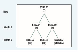 Take another look at our two-step binomial trees for Google, for example, in Figure 21.2. Use the replicating-portfolio or risk-neutral method to value six-month call and put options with an exercise price of $450. Assume the Google stock price is $530.
Figure 21.2:

