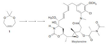 The anti-tumor compound maytansine was originally isolated from the Ethiopian shrub Maytenus serrata. Development of a multistep synthesis of maytansine involved compound 1 as a key precursor. Propose an efficient synthesis of 1 starting with acetylene, acetone, and formaldehyde as the only sources of carbon atoms.
