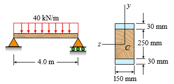 The composite beam shown in the figure is simply supported and carries a total uniform load of 40 kN/m on a span length of 4.0 m. The beam is built of a southern pine wood member having cross- sectional dimensions of 150 mm × 250 mm and two brass plates of cross-sectional dimensions 30 mm × 150 mm.
(a) Determine the maximum stresses σB and σw in the brass and wood, respectively, if the moduli of elasticity are EB = 96 GPa and Ew = 14 GPa. (Disregard the weight of the beam.)
(b) Find the required thickness of the brass plates so that the plate and wood reach their allowable stress values of σaB = 70 MPa and σaw = 8.5MPa simultaneously under the maximum moment. What is the maximum moment?
