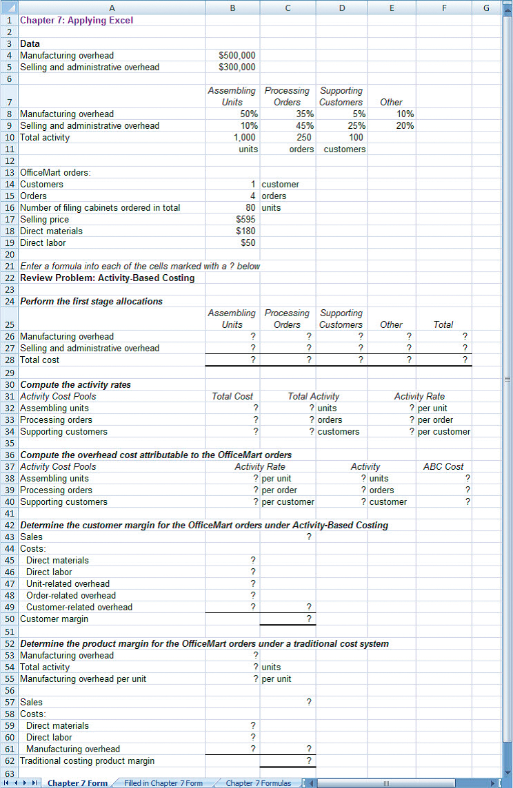 The Excel worksheet form that appears below is to be used to recreate the Review Problem pertaining to Ferris Corporation. The workbook, and instructions on how to complete the file, can be found in Connect.
You should proceed to the requirements below only after completing your worksheet.
Required:
1. Check your worksheet by doubling the units ordered in cell B16 to 160. The customer margin under activity-based costing should now be $7,640 and the traditional costing product margin should be $(21,600). If you do not get these results, find the errors in your worksheet and correct them.
a. Why has the customer margin under activity-based costing more than doubled when the number of units ordered is doubled?
b. Why has the traditional costing product margin exactly doubled from a loss of $10,800 to a loss of $21,600?
c. Which costing system, activity-based costing or traditional costing, provides a more accurate picture of what happens to profits as the number of units ordered increases? Explain.
2. Let’s assume that Office Mart places different orders next year, purchasing higher-end filing cabinets more frequently, but in smaller quantities per order. Enter the following data into your worksheet:
a. What is the customer margin under activity-based costing?
b. What is the product margin under the traditional cost system?
c. Explain why the profitability picture looks much different now than it did when Office Mart was ordering less expensive filing cabinets less frequently, but in larger quantities per order.
3. Using the data you entered in part (2), change the percentage of selling and administrative overhead attributable to processing orders from 45% to 30% and the percentage attributable to supporting customers from 25% to 40%. That portion of the worksheet should look like this:
a. Relative to the results from part (2), what has happened to the customer margin under activity-based costing? Why?
b. Relative to the results from part (2), what has happened to the product margin under the traditional cost system? Why?