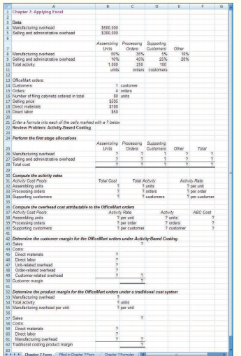 The Excel worksheet form that appears below is to be used to recreate the Review Problem pertaining to Ferris Corporation. Download the workbook containing this form from Connect, where you will also receive instructions about how to use this worksheet form. You should proceed to the requirements below only after completing your worksheet.
Required:
1. Check your worksheet by doubling the units ordered in cell B16 to 160. The customer margin under activity-based costing should now be $7,640 and the traditional costing product margin should be $(21,600). If you do not get these results, find the errors in your worksheet and correct them.
a. Why has the customer margin under activity-based costing more than doubled when the number of units ordered is doubled?
b. Why has the traditional costing product margin exactly doubled from a loss of $10,800 to a loss of $21,600?
c. Which costing system, activity-based costing or traditional costing, provides a more accurate picture of what happens to profits as the number of units ordered increases? Explain.
2. Let’s assume that Office Mart places different orders next year, purchasing higher-end filing cabinets more frequently, but in smaller quantities per order. Enter the following data into your worksheet:
a. What is the customer margin under activity-based costing?
b. What is the product margin under the traditional cost system?
c. Explain why the profitability picture looks much different now than it did when OfficeMart was ordering less expensive filing cabinets less frequently, but in larger quantities per order.
3. Using the data you entered in part (2), change the percentage of selling and administrative overhead attributable to processing orders from 45% to 30% and the percentage attributable to supporting customers from 25% to 40%. That portion of the worksheet should look like this:
a. Relative to the results from part (2), what has happened to the customer margin under activity-based costing? Why?
b. Relative to the results from part (2), what has happened to the product margin under the traditional cost system? Why?
