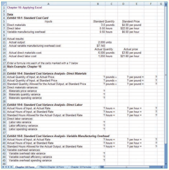 The Excel worksheet form that appears below is to be used to recreate the main example in the text pertaining to Colonial Pewter Company. Download the workbook containing this form from Connect, where you will also receive instructions about how to use this worksheet form. You should proceed to the requirements below only after completing your worksheet.
Required:
1. Check your worksheet by changing the direct materials standard quantity in cell B6 to 2.9 pounds, the direct labor standard quantity in cell B7 to 0.6 hours, and the variable manufacturing overhead in cell B8 to 0.6 hours. The materials spending variance should now be $1,500 U, the labor spending variance should now be $3,720 F, and the variable overhead spending variance should now be $60 F. If you do not get these answers, find the errors in your worksheet and correct them.
a. What is the materials quantity variance? Explain this variance.
b. What is the labor rate variance? Explain this variance.
2. Revise the data in your worksheet to reflect the results for the subsequent period:
a. What is the materials quantity variance? What is the materials price variance?
b. What is the labor efficiency variance? What is the labor rate variance?
c. What is the variable overhead efficiency variance? What is the variable overhead rate variance?