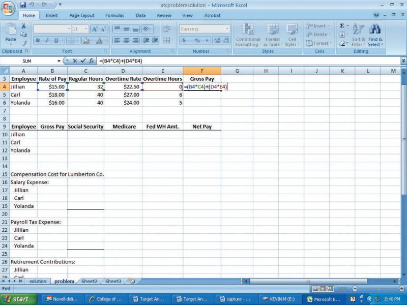 The following information is available for Lumberton Co. for the week ending June 28, Year 1. All employees are paid time and one-half for all hours over 40. Each employee has a cumulative salary of over $7,000, but less than $110,000. Assume the Social Security tax rate is 6 percent on the first $110,000 of wages and that the Medicare tax rate is 1.5 percent of total wages. The company contributes the retirement cost to a retirement plan for the employee.
Required
a. Set up a spreadsheet to compute the net pay for each of the preceding employees. You will need to insert the appropriate Excel formulas.
b. What is the total amount of compensation cost (salary cost plus payroll tax cost) for Lumberton Co. for the week ending June 28, Year 1?
c. Lumberton is considering adding group health insurance coverage for its employees to its benefits package. If the average cost of health insurance per employee is $3,900 per year, how much additional cost would be added to the weekly compensation cost for Lumberton? Assume the addition of health insurance and recompute the total compensation cost for Lumberton for the week ending June 28, Year 1.