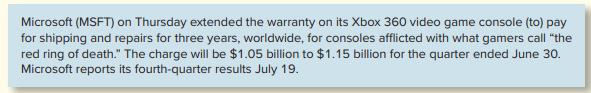 The following is an excerpt from ABC News:
Required:
1. Why must Microsoft report this charge of over $1 billion entirely in one quarter, the last quarter of the company’s fiscal year?
2. When the announcement was made, analyst Richard Doherty stated that either a high number of Xbox 360s will fail or the company is being overly conservative in its warranty estimate. From an accounting standpoint, what will Microsoft do in the future if the estimate of future repairs is overly conservative (too high)?