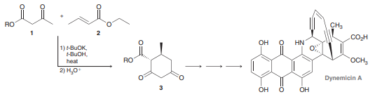 The following reaction utilizes a Michael addition, followed by a Claisen-type reaction to make chiral diketoester 3 as part of the total synthesis of dynemycin A, a natural product with promising anti-tumor activity in several human tumor cell lines.
a. Draw a complete stepwise mechanism for the reaction between compounds 1 and 2 to form compound 3 (as described in the problem statement).
b. Why is one reaction referred to as a ‘Claisen-type’ condensation rather than a traditional Claisen condensation?
