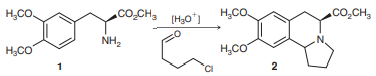 The following reaction was attempted during the total synthesis of crispine A, a cytotoxic alkaloid isolated from a Mongolian thistle. Propose a plausible mechanism for the formation of compound 2 from amine 1.