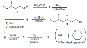 The following sequence of reactions was employed during a synthesis of the sex pheromone of the dermestid beetle. The conversion of compound 5 to compound 6 involves the removal of the THP group (ROTHP → ROH), which is accomplished in acidic conditions (TsOH). Provide the structures of compounds 2, 4, 5, 6, and 7: