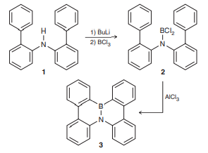 The following synthesis was developed in an effort to prepare an analogue of a polycyclic aromatic hydrocarbon in which one of the C=C bonds was replaced with a B−N unit. Such derivatives are expected to display unique optical and electrical properties and thus may be useful in the preparation of novel organic electronic materials.
a. Propose a mechanism for the conversion of compound 1 to compound 3.
b. In compound 3, do you expect each of the six rings to be aromatic, giving one extended aromatic system for the compound? Explain your answer.
c. Analysis of the actual structure of 3 (as well as its hydrocarbon analogue) reveals that the central two rings are slightly twisted (i.e., nonplanar). Provide a rationale for this finding.