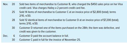 The following transactions were selected from among those completed by Hailey Retailers in the current year:
Required:
Give the appropriate journal entry for each of these transactions, assuming the company records sales revenue under the gross method. Do not record cost of goods sold. Compute Net Sales.
