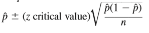 The formula used to calculate a large-sample confidence interval for p is
What is the appropriate z critical value for each of the following confidence levels?
a. 95%
b. 98%
c. 85%