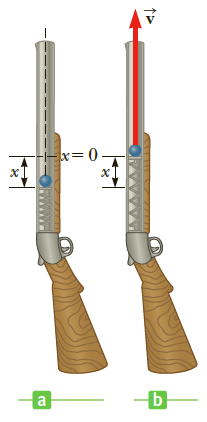 The launching mechanism of a toy gun consists of a spring of unknown spring constant, as shown in Figure P5.39a. If the spring is compressed a distance of 0.120 m and the gun fired vertically as shown, the gun can launch a 20.0 - g projectile from rest to a maximum height of 20.0 m above the starting point of the projectile. Neglecting all resistive forces,(a) Describe the mechanical energy transformations that occur from the time the gun is fired until the projectile reaches its maximum height,(b) Determine the spring constant, and(c) Find the speed of the projectile as it moves through the equilibrium position of the spring (where x = 0), as shown in Figure P5.39b.Figure P5.39: