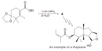The plant Thapsia villosa is so poisonous that it is known as the deadly carrot! Despite the toxicity of this herb, its historical use in traditional medicine makes its extracted compounds attractive synthetic targets. A variety of compounds, called thapsanes, have been isolated from T. villosa, and the reaction below was used in a synthetic study toward these structures. Draw the structure of compound A, and show a mechanism for its formation: