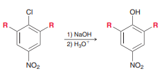 The presence of additional nitro groups can have an impact on the temperature at which a nucleophilic aromatic substitution will readily occur. Consider the following example:
When both R groups are hydrogen atoms, the reaction readily occurs at 130°C. When one of the R groups is a nitro group, the reaction readily occurs at 100°C. When both R groups are nitro groups, the reaction readily occurs at 35°C.
a. Provide an explanation that justifies the lower temperature requirement with additional nitro groups.
b. If a fourth nitro group is placed on the ring, would you expect the temperature requirement to be significantly lowered further? Explain your answer.