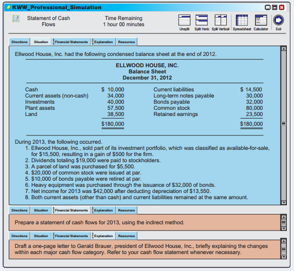 The professional simulation for this chapter asks you to address questions related to the accounting for the statement of cash flows.