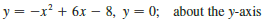The region bounded by the given curves is rotated about the specified axis. Find the volume of the resulting solid by any method.