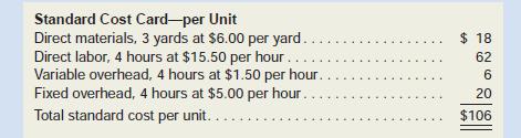 The standard cost card for the single product manufactured by Cutter, Inc., is given below:

Manufacturing overhead is applied to production on the basis of standard direct labor-hours. During the year, the company worked 37,000 hours and manufactured 9,500 units of product. Selected data relating to the company’s fixed manufacturing overhead cost for the year are shown below:

Required:
1. What were the standard hours allowed for the year’s production?
2. What was the amount of fixed overhead cost contained in the flexible budget for the year?
3. What was the fixed overhead budget variance for the year?
4. What denominator activity level did the company use in setting the predetermined overhead rate for the year?


