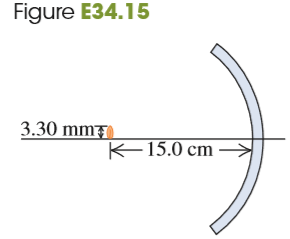 The thin glass shell shown in Fig. E34.15 has a spherical shape with a radius of curvature of 12.0 cm, and both of its surfaces can act as mirrors. A seed 3.30 mm high is placed 15.0 cm from the center of the mirror along the optic axis, as shown in the figure.
a. Calculate the location and height of the image of this seed.
b. Suppose now that the shell is reversed. Find the location and height of the seed’s image.