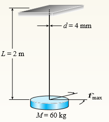The torsional pendulum shown in the figure consists of a horizontal circular disk of a mass M = 60 kg suspended by a vertical steel wire (G = 8 0GPa) of a length L = 2 m and diameter d = 4 mm.
Calculate the maximum permissible angle of rotation ∅max of the disk (that is, the maximum amplitude of torsional vibrations) so that the stresses in the wire do not exceed 100 MPa in tension or 50 MPa in shear.