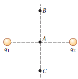 The two charges q1 and q2 shown in Fig. E21.38 have equal magnitudes. What is the direction of the net electric field due to these two charges at points A (midway between the charges), B, and C if.
Fig. E21.38:
(a). both charges are negative,
(b). both charges are positive,
(c). q1 is positive and q2 is negative.