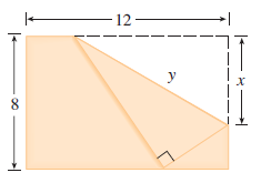 The upper right-hand corner of a piece of paper, 12 in. by 8 in., as in the figure, is folded over to the bottom edge. How would you fold it so as to minimize the length of the fold? In other words, how would you choose x to minimize y?