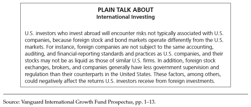 The Vanguard Group is an investment fi rm with more than 50 different mutual funds in which the public may invest. Among these funds are 13 international funds that concentrate on investments in non-U.S. stocks and bonds. One of these is the International Growth Fund. The following information about this fund was provided in the fund’s prospectus, dated December 27, 2012.
Vanguard Fund Summary
Investment Objective
The Fund seeks to provide long-term capital appreciation.
Primary Investment Strategies
The Fund invests predominantly in the stocks of companies located outside the United States and is expected to diversify its assets across developed and emerging markets in Europe, the Far East, and Latin America. In selecting stocks, the Fund’s advisors evaluate foreign markets around the world and choose large-, mid-, and small-capitalization companies considered to have above-average growth potential. The Fund uses multiple investment advisors.
Market Exposure
The Fund invests mainly in common stocks of non-U.S. companies that are considered to have above average potential for growth. The asset-weighted median market capitalization of the Fund as of August 31, 2012, was $32 billion.
The Fund is subject to investment style risk, which is the chance that returns from non-U.S. growth stocks and, to the extent that the Fund is invested in them, small- and mid-cap stocks, will trail returns from the overall domestic stock market. Historically, small- and mid-cap stocks have been more volatile in price than the large-cap stocks that dominate the overall market, and they often perform quite differently.
The Fund is subject to stock market risk, which is the chance that stock prices overall will decline. Stock markets tend to move in cycles, with periods of rising prices and periods of falling prices. In addition, investments in foreign stock markets can be riskier than U.S. stock investments. The prices of foreign stocks and the prices of U.S. stocks have, at times, moved in opposite directions.
The Fund is subject to country/regional risk and currency risk. Country/regional risk is the chance that world events—such as political upheaval, financial troubles, or natural disasters—will adversely affect the value of securities issued by companies in foreign countries or regions. Because the Fund may invest a large portion of its assets in securities of companies located in any one country or region, including emerging markets, the Fund’s performance may be hurt disproportionately by the poor performance of its investments in that area. Currency risk is the chance that the value of a foreign investment, measured in U.S. dollars, will decrease because of unfavorable changes in currency exchange rates. Country/regional risk and currency risk are especially high in emerging markets.
The Fund is subject to manager risk, which is the chance that poor security selection or focus on securities in a particular sector, category, or group of companies will cause the Fund to underperform relevant benchmarks or other funds with a similar investment objective.
The International Growth Fund’s annual report for the year ended August 31, 2012, indicated that 97 percent of the fund’s portfolio was invested in 186 non-U.S. stocks and 3 percent was in temporary cash investments. The allocation of fund net assets by region was as follows: Europe 55 percent, Pacifi c 17 percent, Emerging Markets 23 percent, North America 4 percent, and Middle East 1 percent. The sectors and individual countries in which the fund was invested are presented in the following tables:
Sector Diversification (% of equity exposure)
Consumer discretionary………………………………………………………………..16.6%
Consumer staples…………………………………………………………………………….10.4
Energy……………………………………………………………………….……………………..6.6
Financials………………………………………………………………………………………..19.6
Health care………………………………………………………………………………………..7.5
Industrials…………………………………………………………………………………14.1
Information technology………………………………………………………………13.1
Materials…………………………………….………………………………………………9.2
Telecommunication services……………………………………………………….2.0
Utilities………………………………………………………………………………………0.9
Required:
1. Explain why an individual investor might want to invest in an international growth fund.
2. Describe the risks associated with making an investment in an international growth fund. Identify the risks that would be common to domestic and international funds, and those risks that would be unique to an international fund.
3. Discuss how the fact that foreign companies are not subject to the same accounting, auditing, and financial reporting standards and practices as U.S. companies poses a risk not typically encountered when investing in the stock of U.S. companies.
4. Consider the allocation of fund assets by region. Speculate as to why the proportions of fund assets are distributed in this manner.
5. Consider the country diversification of fund assets. Identify the countries in which the fund is most heavily invested. Speculate as to why this might be the case. Are there any countries in which you would have expected the fund to be more heavily invested than it is? Are there any countries in which you would have expected the fund to be invested and it is not?
6. Consider the sector diversification of fund assets. Identify the sectors in which the fund is most heavily invested. Speculate as to why this might be the case.