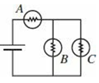 Three identical incandescent lightbulbs are connected in a circuit as shown in the diagram.
(a) What happens to the brightness of the remaining bulbs if bulb A is removed from the circuit and replaced by a wire?
(b) What happens to the brightness of the remaining bulbs if bulb B is removed from the circuit?
(c) What happens to the brightness of the remaining bulbs if bulb B is replaced by a wire?
