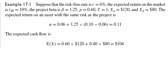 To answer this question, use the assumptions of Example 17.1 and the risk-neutral valuation method (and risk-neutral probability) described in Example 17.2.
a. Compute the value of a claim that pays the square root of the cash flow in period 1.
b. Compute the value of a claim that pays the square of the cash flow in period 1.
c. Given your answers above computed using risk-neutral valuation, back out the true discount rate that would give you the same value for each claim. In each case is this rate bigger or smaller than the 11% discount rate for the cash flow itself? Why?


