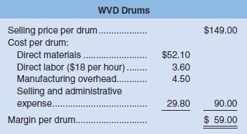 TufStuff, Inc., sells a wide range of drums, bins, boxes, and other containers that are used in the chemical industry. One of the company’s products is a heavy-duty corrosion-resistant metal drum, called the WVD drum, used to store toxic wastes. Production is constrained by the capacity of an automated welding machine that is used to make precision welds. A total of 2,000 hours of welding time is available annually on the machine. Because each drum requires 0.4 hours of welding time, annual production is limited to 5,000 drums. At present, the welding machine is used exclusively to make the WVD drums. The accounting department has provided the following financial data concerning the WVD drums:
Management believes 6,000 WVD drums could be sold each year if the company had sufficient manufacturing capacity. As an alternative to adding another welding machine, management has considered buying additional drums from an outside supplier. Harcor Industries, Inc., a supplier of quality products, would be able to provide up to 4,000 WVD-type drums per year at a price of $138 per drum, which TufStuff would resell to its customers at its normal selling price after appropriate relabeling.
Megan Flores, TufStuff’s production manager, has suggested that the company could make better use of the welding machine by manufacturing bike frames, which would require only 0.5 hours of welding time per frame and yet sell for far more than the drums. Megan believes that TufStuff could sell up to 1,600 bike frames per year to bike manufacturers at a price of $239 each. The accounting department has provided the following data concerning the proposed new product:
The bike frames could be produced with existing equipment and personnel. Manufacturing overhead is allocated to products on the basis of direct labor-hours. Most of the manufacturing overhead consists of fixed common costs such as rent on the factory building, but some of it is variable. The variable manufacturing overhead has been estimated at $1.35 per WVD drum and $1.90 per bike frame. The variable manufacturing overhead cost would not be incurred on drums acquired from the outside supplier.
Selling and administrative expenses are allocated to products on the basis of revenues. Almost all of the selling and administrative expenses are fixed common costs, but it has been estimated that variable selling and administrative expenses amount to $0.75 per WVD drum whether made or purchased and would be $1.30 per bike frame.
All of the company’s employees—direct and indirect—are paid for full 40-hour workweeks and the company has a policy of laying off workers only in major recessions.
Required:
1. Given the margins of the two products as indicated in the reports submitted by the accounting department, does it make sense to consider producing the bike frames? Explain.
2. Compute the contribution margin per unit for:
a. Purchased WVD drums.
b. Manufactured WVD drums.
c. Manufactured bike frames.
3. Determine the number of WVD drums (if any) that should be purchased and the number of WVD drums and/or bike frames (if any) that should be manufactured. What is the increase in net operating income that would result from this plan over current operations?
As soon as your analysis was shown to the top management team at TufStuff, several managers got into an argument concerning how direct labor costs should be treated when making this decision. One manager argued that direct labor is always treated as a variable cost in textbooks and in practice and has always been considered a variable cost at TufStuff. After all, “direct” means you can directly trace the cost to products. “If direct labor is not a variable cost, what is?” Another manager argued just as strenuously that direct labor should be considered a fixed cost at TufStuff. No one had been laid off in over a decade, and for all practical purposes, everyone at the plant is on a monthly salary. Everyone classified as direct labor works a regular 40-hour workweek and overtime has not been necessary since the company adopted Lean Production techniques. Whether the welding machine is used to make drums or frames, the total payroll would be exactly the same. There is enough slack, in the form of idle time, to accommodate any increase in total direct labor time that the bike frames would require.
4. Redo requirements (2) and (3) making the opposite assumption about direct labor from the one you originally made. In other words, if you treated direct labor as a variable cost, redo the analysis treating it as a fixed cost. If you treated direct labor as a fixed cost, redo the analysis treating it as a variable cost.
5. What do you think is the correct way to treat direct labor cost in this situation—as variable or as fixed? Explain.