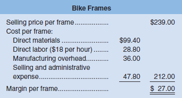 TufStuff, Inc., sells a wide range of drums, bins, boxes, and other containers that are used in the chemical industry. One of the company’s products is a heavy-duty corrosion-resistant metal drum, called the WVD drum, used to store toxic wastes. Production is constrained by the capacity of an automated welding machine that is used to make precision welds. A total of 2,000 hours of welding time is available annually on the machine. Because each drum requires 0.4 hours of welding time, annual production is limited to 5,000 drums. At present, the welding machine is used exclusively to make the WVD drums. The accounting department has provided the following financial data concerning the WVD drums:
Management believes 6,000 WVD drums could be sold each year if the company had sufficient manufacturing capacity. As an alternative to adding another welding machine, management has considered buying additional drums from an outside supplier. Harcor Industries, Inc., a supplier of quality products, would be able to provide up to 4,000 WVD-type drums per year at a price of $138 per drum, which TufStuff would resell to its customers at its normal selling price after appropriate relabeling.
Megan Flores, TufStuff’s production manager, has suggested that the company could make better use of the welding machine by manufacturing bike frames, which would require only 0.5 hours of welding time per frame and yet sell for far more than the drums. Megan believes that TufStuff could sell up to 1,600 bike frames per year to bike manufacturers at a price of $239 each. The accounting department has provided the following data concerning the proposed new product:
The bike frames could be produced with existing equipment and personnel. Manufacturing overhead is allocated to products on the basis of direct labor-hours. Most of the manufacturing overhead consists of fixed common costs such as rent on the factory building, but some of it is variable. The variable manufacturing overhead has been estimated at $1.35 per WVD drum and $1.90 per bike frame. The variable manufacturing overhead cost would not be incurred on drums acquired from the outside supplier.
Selling and administrative expenses are allocated to products on the basis of revenues. Almost all of the selling and administrative expenses are fixed common costs, but it has been estimated that variable selling and administrative expenses amount to $0.75 per WVD drum whether made or purchased and would be $1.30 per bike frame.
All of the company’s employees—direct and indirect—are paid for full 40-hour workweeks and the company has a policy of laying off workers only in major recessions.
Required:
1. Given the margins of the two products as indicated in the reports submitted by the accounting department, does it make sense to consider producing the bike frames? Explain.
2. Compute the contribution margin per unit for:
a. Purchased WVD drums.
b. Manufactured WVD drums.
c. Manufactured bike frames.
3. Determine the number of WVD drums (if any) that should be purchased and the number of WVD drums and/or bike frames (if any) that should be manufactured. What is the increase in net operating income that would result from this plan over current operations?
As soon as your analysis was shown to the top management team at TufStuff, several managers got into an argument concerning how direct labor costs should be treated when making this decision. One manager argued that direct labor is always treated as a variable cost in textbooks and in practice and has always been considered a variable cost at TufStuff. After all, “direct” means you can directly trace the cost to products. “If direct labor is not a variable cost, what is?” Another manager argued just as strenuously that direct labor should be considered a fixed cost at TufStuff. No one had been laid off in over a decade, and for all practical purposes, everyone at the plant is on a monthly salary. Everyone classified as direct labor works a regular 40-hour workweek and overtime has not been necessary since the company adopted Lean Production techniques. Whether the welding machine is used to make drums or frames, the total payroll would be exactly the same. There is enough slack, in the form of idle time, to accommodate any increase in total direct labor time that the bike frames would require.
4. Redo requirements (2) and (3) making the opposite assumption about direct labor from the one you originally made. In other words, if you treated direct labor as a variable cost, redo the analysis treating it as a fixed cost. If you treated direct labor as a fixed cost, redo the analysis treating it as a variable cost.
5. What do you think is the correct way to treat direct labor cost in this situation—as variable or as fixed? Explain.