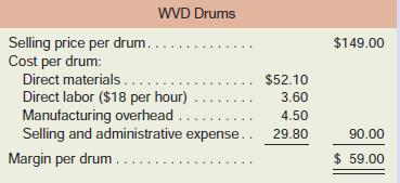 TufStuff, Inc., sells a wide range of drums, bins, boxes, and other containers that are used in thechemical industry. One of the company’s products is a heavy-duty corrosion-resistant metal drum,called the WVD drum, used to store toxic wastes. Production is constrained by the capacity of anautomated welding machine that is used to make precision welds. A total of 2,000 hours of weldingtime is available annually on the machine. Because each drum requires 0.4 hours of welding time,annual production is limited to 5,000 drums. At present, the welding machine is used exclusivelyto make the WVD drums. The accounting department has provided the following financial dataconcerning the WVD drums:
Management believes 6,000 WVD drums could be sold each year if the company had sufficient manufacturing capacity. As an alternative to adding another welding machine, managementhas considered buying additional drums from an outside supplier. Harcor Industries, Inc., a supplierof quality products, would be able to provide up to 4,000 WVD-type drums per year at a priceof $138 per drum, which TufStuff would resell to its customers at its normal selling price after appropriaterelabeling.
Megan Flores, TufStuff’s production manager, has suggested that the company could make betteruse of the welding machine by manufacturing bike frames, which would require only 0.5 hoursof welding time per frame and yet sell for far more than the drums. Megan believes that TufStuff could sell up to 1,600 bike frames per year to bike manufacturers at a price of $239 each. The accountingdepartment has provided the following data concerning the proposed new product:
The bike frames could be produced with existing equipment and personnel. Manufacturingoverhead is allocated to products on the basis of direct labor-hours. Most of the manufacturingoverhead consists of fixed common costs such as rent on the factory building, but some of it is variable.
The variable manufacturing overhead has been estimated at $1.35 per WVD drum and $1.90per bike frame. The variable manufacturing overhead cost would not be incurred on drums acquiredfrom the outside supplier.
Selling and administrative expenses are allocated to products on the basis of revenues. Almostall of the selling and administrative expenses are fixed common costs, but it has been estimated thatvariable selling and administrative expenses amount to $0.75 per WVD drum whether made orpurchased and would be $1.30 per bike frame.
All of the company’s employees—direct and indirect—are paid for full 40-hour workweeksand the company has a policy of laying off workers only in major recessions.
Required:
1. Given the margins of the two products as indicated in the reports submitted by the accountingdepartment, does it make sense to consider producing the bike frames? Explain.
2. Compute the contribution margin per unit for:
a. Purchased WVD drums.
b. Manufactured WVD drums.
c. Manufactured bike frames.
3. Determine the number of WVD drums (if any) that should be purchased and the number of
WVD drums and/or bike frames (if any) that should be manufactured. What is the increase innet operating income that would result from this plan over current operations?
As soon as your analysis was shown to the top management team at TufStuff, several managers got into an argument concerning how direct labor costs should be treated when makingthis decision. One manager argued that direct labor is always treated as a variable cost intextbooks and in practice and has always been considered a variable cost at TufStuff. After all,“direct” means you can directly trace the cost to products. “If direct labor is not a variable cost,what is?” Another manager argued just as strenuously that direct labor should be considered a fixed cost at TufStuff. No one had been laid off in over a decade, and for all practical purposes,everyone at the plant is on a monthly salary. Everyone classified as direct labor works a regular
40-hour workweek and overtime has not been necessary since the company adopted LeanProduction techniques. Whether the welding machine is used to make drums or frames, thetotal payroll would be exactly the same. There is enough slack, in the form of idle time, to accommodateany increase in total direct labor time that the bike frames would require.
4. Redo requirements (2) and (3) making the opposite assumption about direct labor from theone you originally made. In other words, if you treated direct labor as a variable cost, redo theanalysis treating it as a fixed cost. If you treated direct labor as a fixed cost, redo the analysistreating it as a variable cost.
5. What do you think is the correct way to treat direct labor cost in this situation—as variable or as fixed? Explain.