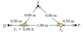 Two long, straight, parallel wires are 1.00 m apart (Fig. P28.63). The wire on the left carries a current I1 of 6.00 A into the plane of the paper.
Fig. P28.63:
(a). What must the magnitude and direction of the current I2 be for the net field at point P to be zero?
(b). Then what are the magnitude and direction of the net field at Q?
(c). Then what is the magnitude of the net field at S?