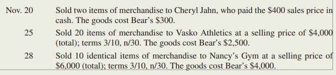 Using the information in E6-12, prepare journal entries to record the transactions, assuming Bear’s Retail Store records discounts using the gross method in a perpetual inventory system.
Data from E6-12:
The following transactions were selected from among those completed by Bear’s Retail Store: