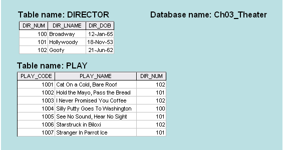 What would be the conceptual view of the INDEX table that is described in question 26? Depict the contents of the conceptual INDEX table.
Data from FIGURE Q3.18 The Ch03_Theater Database Tables: