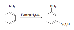 When aniline is treated with fuming sulfuric acid, an electrophilic aromatic substitution reaction takes place at the meta position instead of the para position, despite the fact that the amino group is an ortho-para director. Explain this curious result.