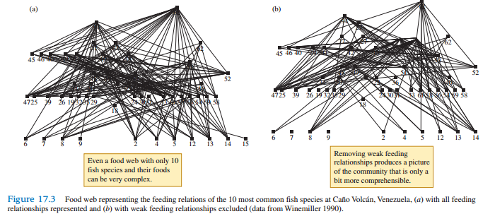 Winemiller (1990) deleted “weak” trophic links from one set of food webs that he described for fish communities in Venezuela (see fig. 17.3). What was his criterion for designating weak interactions? Earlier, Paine (1980) suggested that ecologists could learn something by focusing on “strong” links in communities. How did Paine’s criterion for determining a strong link differ from Winemiller’s?
Figure 17.3: