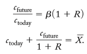 With log utility, the solution to the neoclassical consumption model is given implicitly by the first two equations on page 454, the Euler equation and the intertemporal budget constraint:
There, we solved these two equations for ctoday and cfuture in the special case where