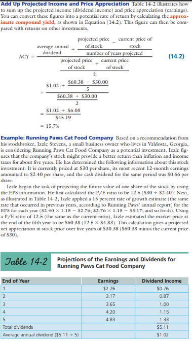 Xiao and Shiao Jing-jian, newlyweds from Laramie, Wyoming, have decided to begin investing for the future. Xiao is a 7-Eleven store manager, and Shiao is a high-school math teacher. The couple intends to take $3,000 out of their savings for investment purposes and then continue to invest an additional $200 to $400 per month. Both have a moderate investment philosophy and seek some cash dividends as well as price appreciation. Calculate the five-year return on the investment choices in the table below. Put your calculations in tabular form like that shown in Table 14-2. (Hint: When making your calculations you should assume at the end of the first year. At the end of the first year the EPS for Running Paws will be $2.40 with a dividend of $0.66, and the EPS for Eagle Packaging will be $2.76 with a projected dividend of $0.86.)
(a) Using the appropriate P/E ratios, what are the estimated market prices of the Running Paws and Eagle Packaging stocks after five years?
(b) Show your calculations in determining the projected price appreciations for the two stocks over the five years.
(c) Add the projected price appreciation of each stock to its projected cash dividends, and show the total five-year percentage returns for the two stocks.
(d) Determine the average annual dividend for each stock, and use these figures in calculating the approximate compound yields for each.
(e) Assume that the beta is 2.5 for Running Paws and 2.8 for Eagle Packaging. If the market went up 20 percent during the year, what would be the likely stock prices for Running Paws and Eagle Packaging?
(f) Assume that inflation is approximately 4 percent and the return on high-quality, long-term, corporate bonds is 8 percent. Given the Jing-jians’ investment philosophy, explain why you would recommend (1) Running Paws, (2) Eagle Packaging, or (3) a high-quality, long-term corporate bond as a growth investment. Support your answer by calculating the potential rate of return using the information; or by using the Garman/Forgue website. The Jing-jians are in the 25 percent marginal tax bracket.
Rate of return using the information: