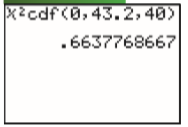 You can calculate the P-value for a chi-square test using technology. After calculating the standardized test statistic, use the cumulative distribution function (CDF) to calculate the area under the curve. From Example 4 on page 397, x2 = 43.2. Using a TI-84 Plus (choose 8 from the DISTR menu), enter 0 for the lower bound, 43.2 for the upper bound, and 40 for the degrees of freedom, as shown at the left. Because it is a right-tailed test, the P-value is approximately 1 - 0.6638 = 0.3362. Because P > α = 0.05, fail to reject H0. Use the P-value method to perform the hypothesis test for the indicated exercise.
A travel analyst claims that the standard deviation of the room rates for two adults at three-star hotels in Denver is at least $68. A random sample of 18 three-star hotels has a standard deviation of $40. At α = 0.01, is there enough evidence to reject the claim?