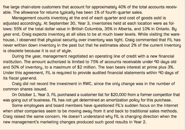 You, CPA, are employed at Beaulieu & Beauregard, Chartered Professional Accountants. On November 20, Year 3, Dominic Jones, a partner in your firm, sends you the following email:
Our firm has been reappointed auditors of Floral Impressions Ltd. (FIL) for the year ending December 31, Year 3. I met with the president and major shareholder of FIL, Liz Holtby, last week, and I toured the Vancouver warehouse and head office. I have prepared some background information on FIL for you to review, including the company's October 31, Year 3 internal non-consolidated balance sheet (Exhibit III). FIL is increasing the amount of business it does on the Internet, and Liz would like us to provide comments on the direction in which FIL is moving. I made notes on her plans for FIL's increasing use of the Internet (Exhibit IV). I also met with Craig Albertson, the controller, and I made notes from that meeting (Exhibit V).
Once you have reviewed the material, I would like you to draft a memo identifying the new accounting issues for the Year 3 audit. I would also like the memo to address Liz's specific requests.
Exhibit III:
Exhibit IV:
Exhibit V: