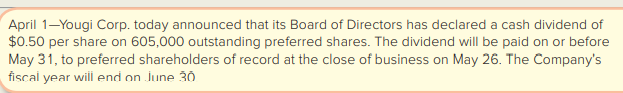 Yougi Corp. is an animation studio that issued the following recent press release:
Required:
1. Prepare any journal entries that Yougi Corp. should make on the four dates mentioned in the press release.
2. What two requirements would the board of directors have considered before making the dividend decision?